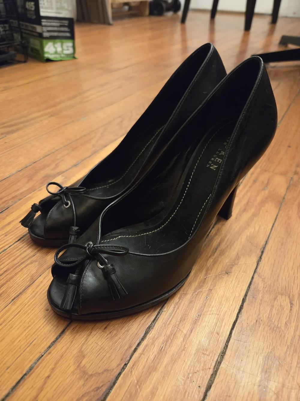 Ralph Lauren Black Leather Peep-Toe Tassel Heels